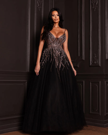 Black flared dress richly decorated – Black Swan
