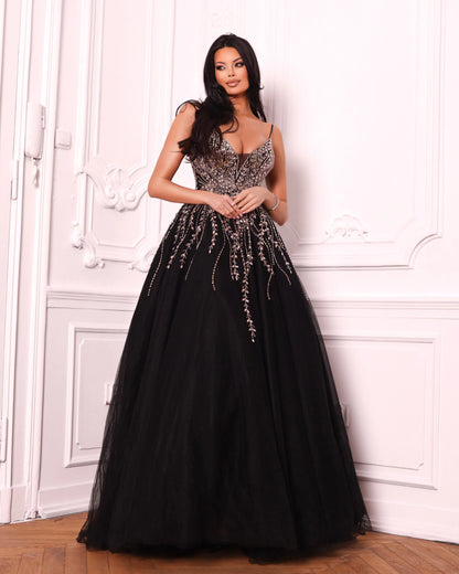 Black flared dress richly decorated – Black Swan