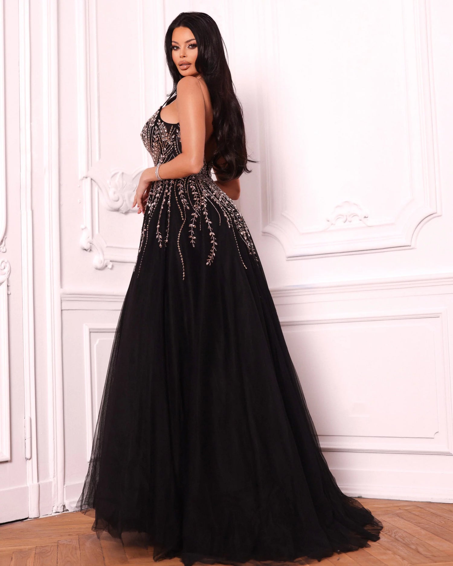 Black flared dress richly decorated – Black Swan