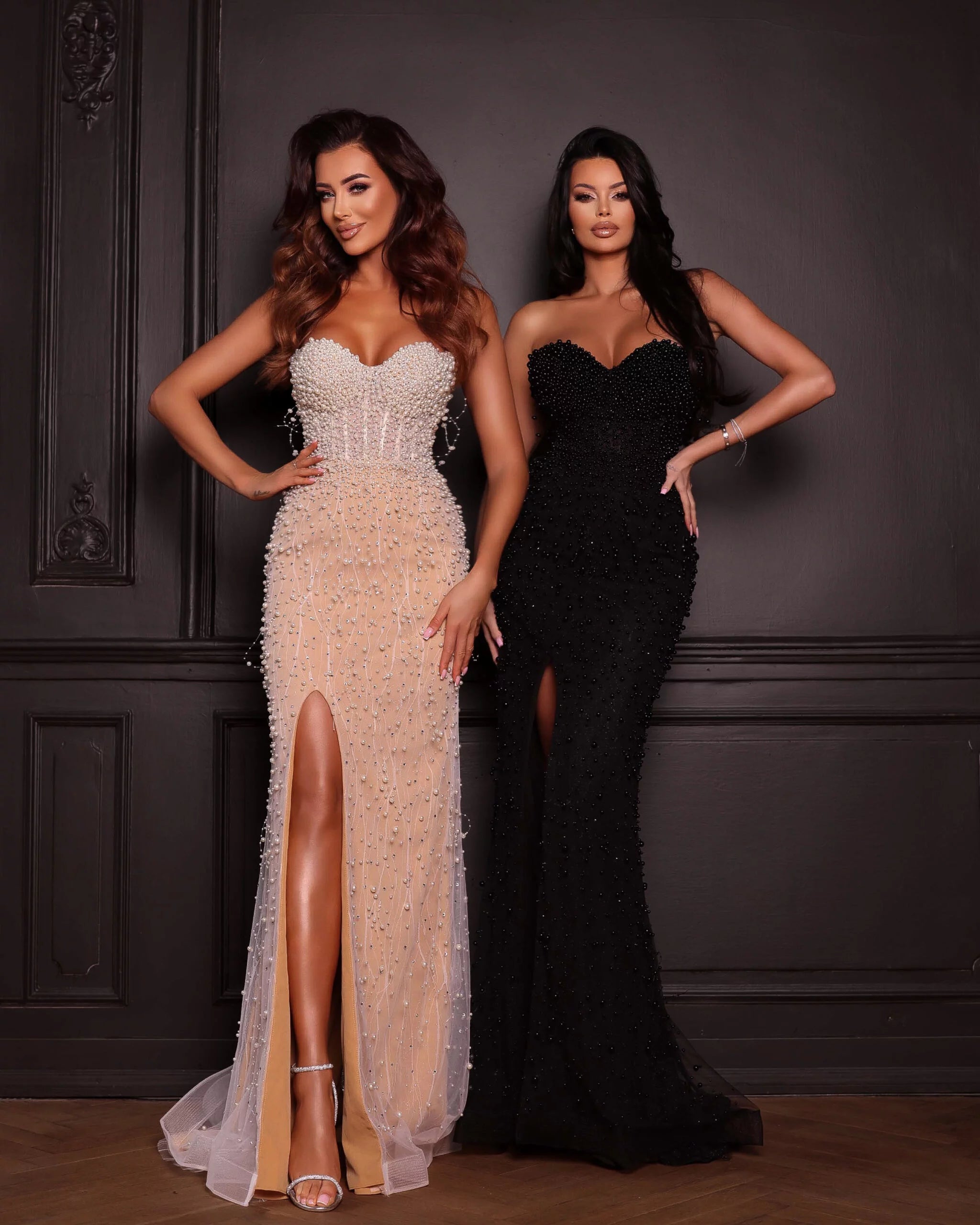 Beige evening dress with pearls – Beige Mermaid