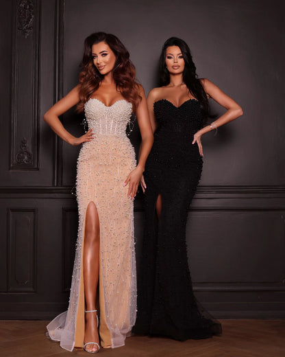 Beige evening dress with pearls – Beige Mermaid