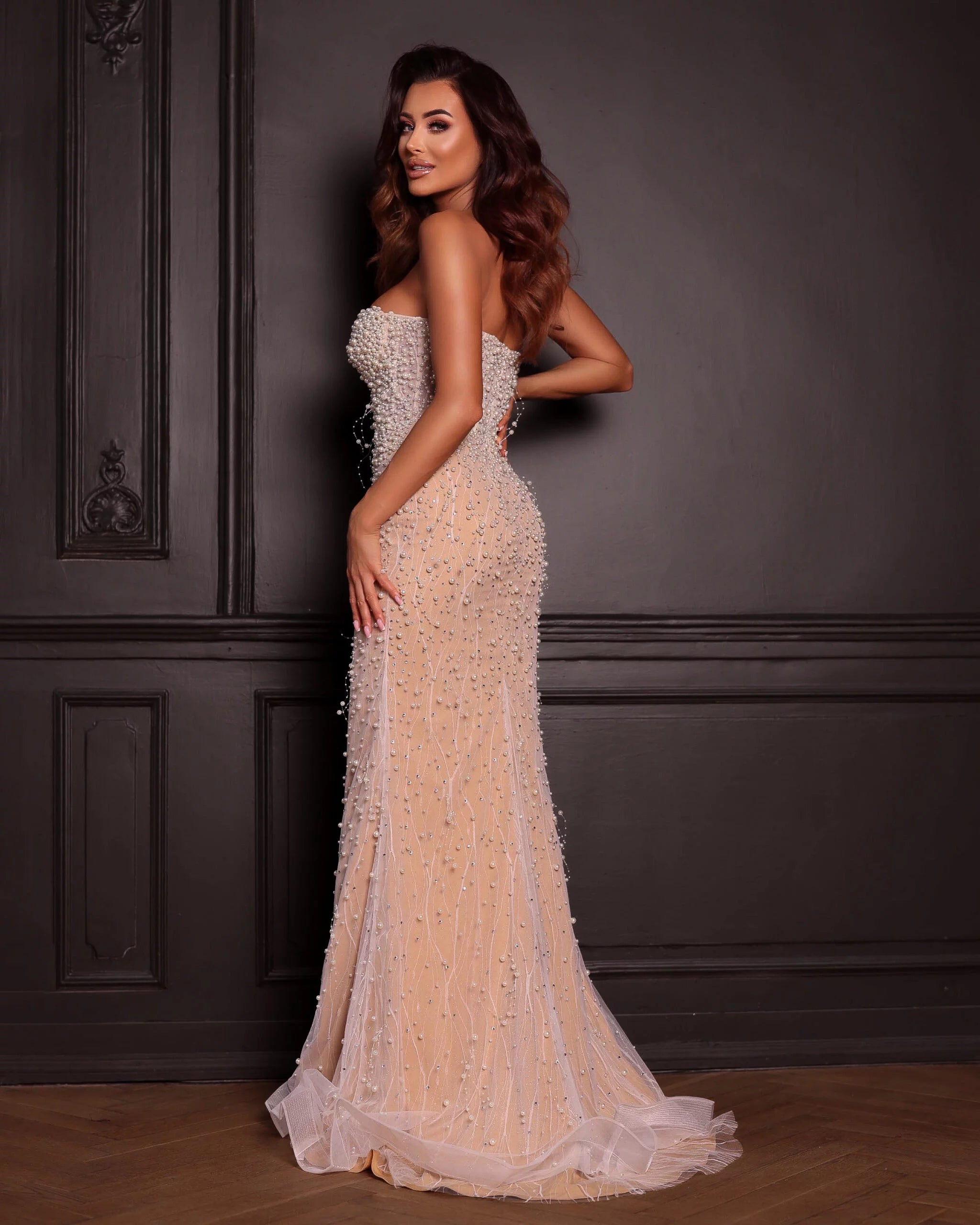 Beige evening dress with pearls – Beige Mermaid