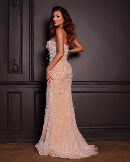 Beige evening dress with pearls – Beige Mermaid